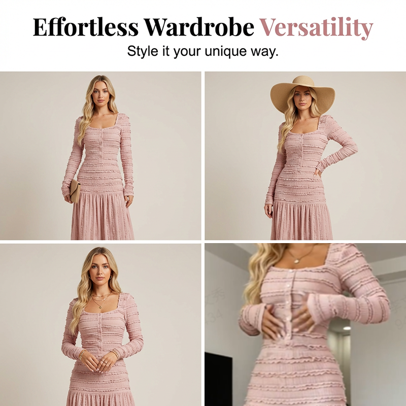 ✨ 50% OFF NOW! 👗 Square Neck Maxi Dress – Smocked Bodice, Ruffle Trim & Breathable Fabric 🌸