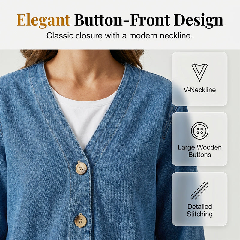 🧥 LIMITED TIME 50% OFF! ✨ Women's V-Neck Denim Jacket – Collarless Button Front, Breathable & Relaxed Fit 💙