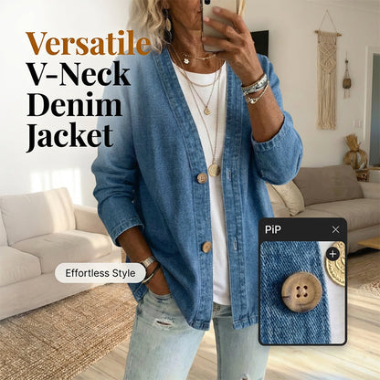 🧥 LIMITED TIME 50% OFF! ✨ Women's V-Neck Denim Jacket – Collarless Button Front, Breathable & Relaxed Fit 💙