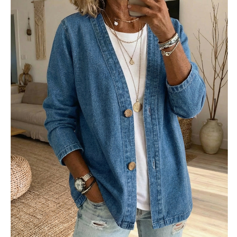 🧥 LIMITED TIME 50% OFF! ✨ Women's V-Neck Denim Jacket – Collarless Button Front, Breathable & Relaxed Fit 💙