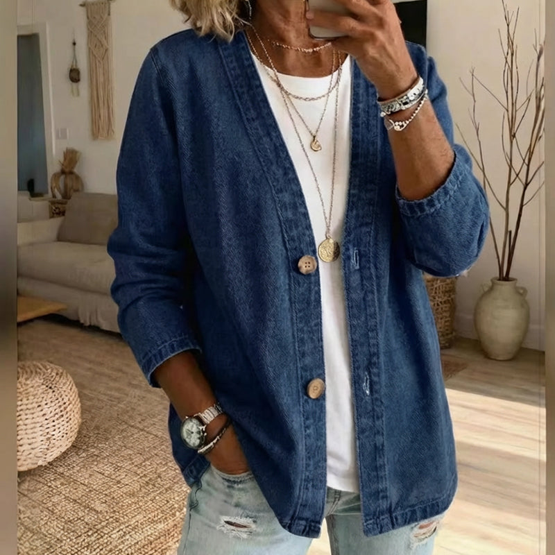 🧥 LIMITED TIME 50% OFF! ✨ Women's V-Neck Denim Jacket – Collarless Button Front, Breathable & Relaxed Fit 💙