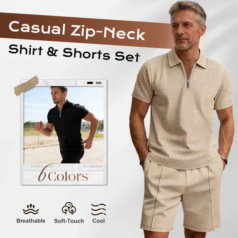 👔 LIMITED-TIME 50% OFF! ✨ Zip-Neck Shirt & Shorts Set – Casual, Summer, Waffle Knit ✨