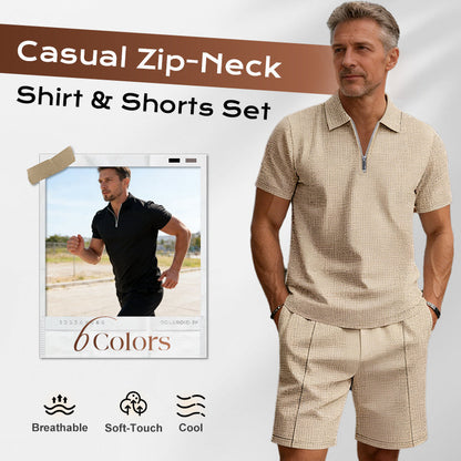 👔 LIMITED-TIME 50% OFF! ✨ Zip-Neck Shirt & Shorts Set – Casual, Summer, Waffle Knit ✨