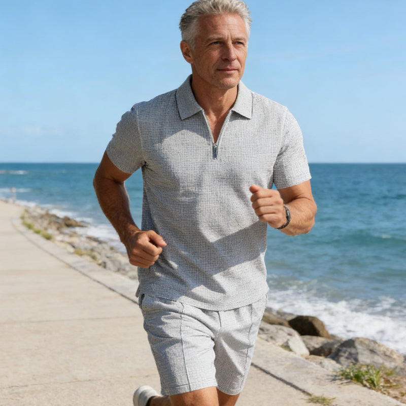 👔 LIMITED-TIME 50% OFF! ✨ Zip-Neck Shirt & Shorts Set – Casual, Summer, Waffle Knit ✨