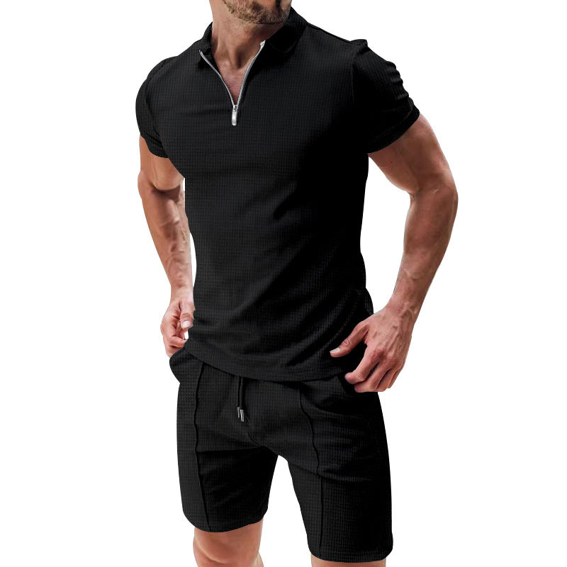👔 LIMITED-TIME 50% OFF! ✨ Zip-Neck Shirt & Shorts Set – Casual, Summer, Waffle Knit ✨