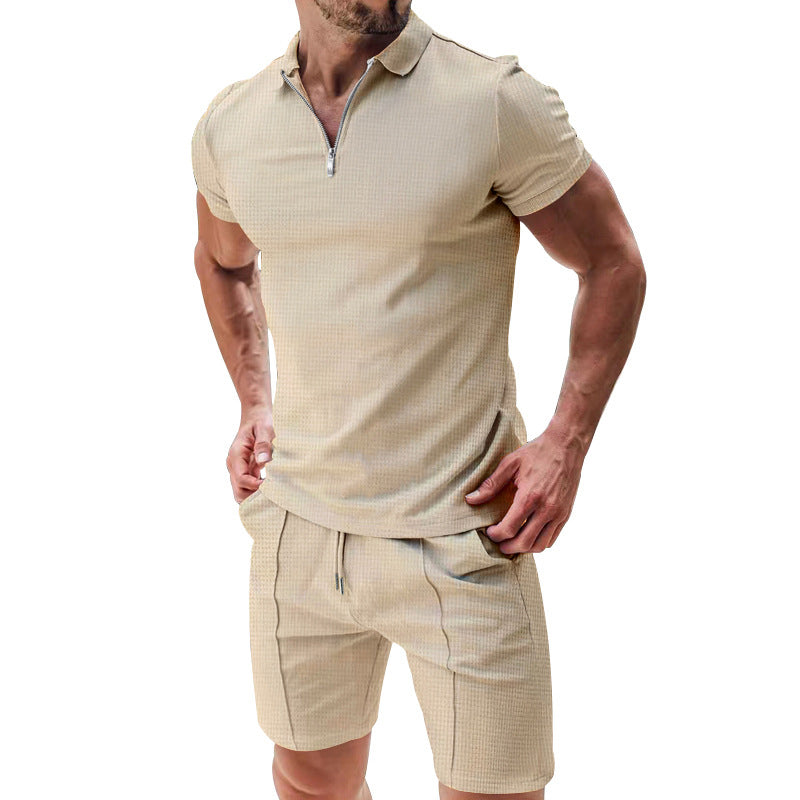 👔 LIMITED-TIME 50% OFF! ✨ Zip-Neck Shirt & Shorts Set – Casual, Summer, Waffle Knit ✨