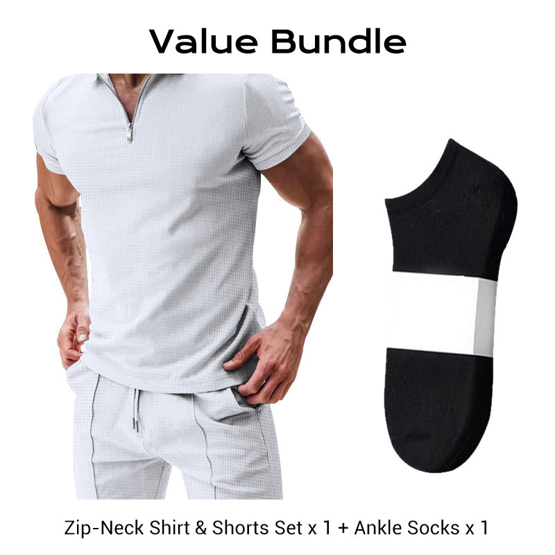 👔 LIMITED-TIME 50% OFF! ✨ Zip-Neck Shirt & Shorts Set – Casual, Summer, Waffle Knit ✨