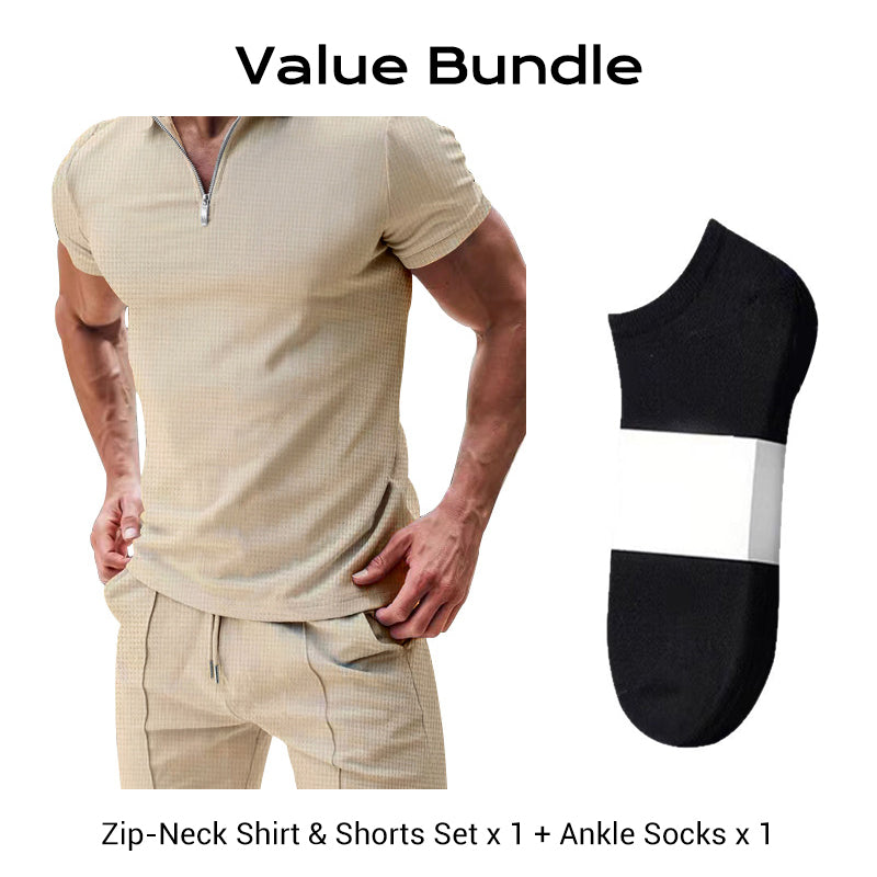 👔 LIMITED-TIME 50% OFF! ✨ Zip-Neck Shirt & Shorts Set – Casual, Summer, Waffle Knit ✨