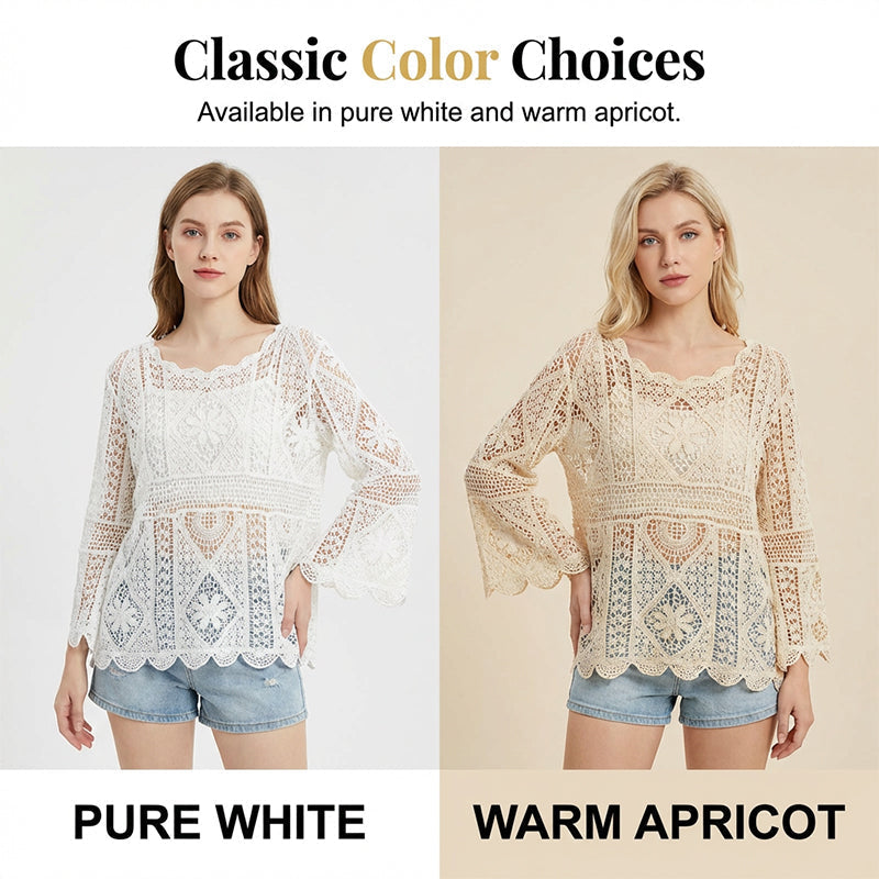 👒 LIMITED TIME 50% OFF! 🌊 Women's Vintage-Inspired Lace Cover-Up Blouse – Flare Sleeves, Bohemian Beachwear 🌸