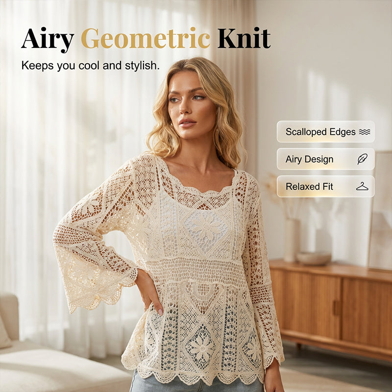 👒 LIMITED TIME 50% OFF! 🌊 Women's Vintage-Inspired Lace Cover-Up Blouse – Flare Sleeves, Bohemian Beachwear 🌸