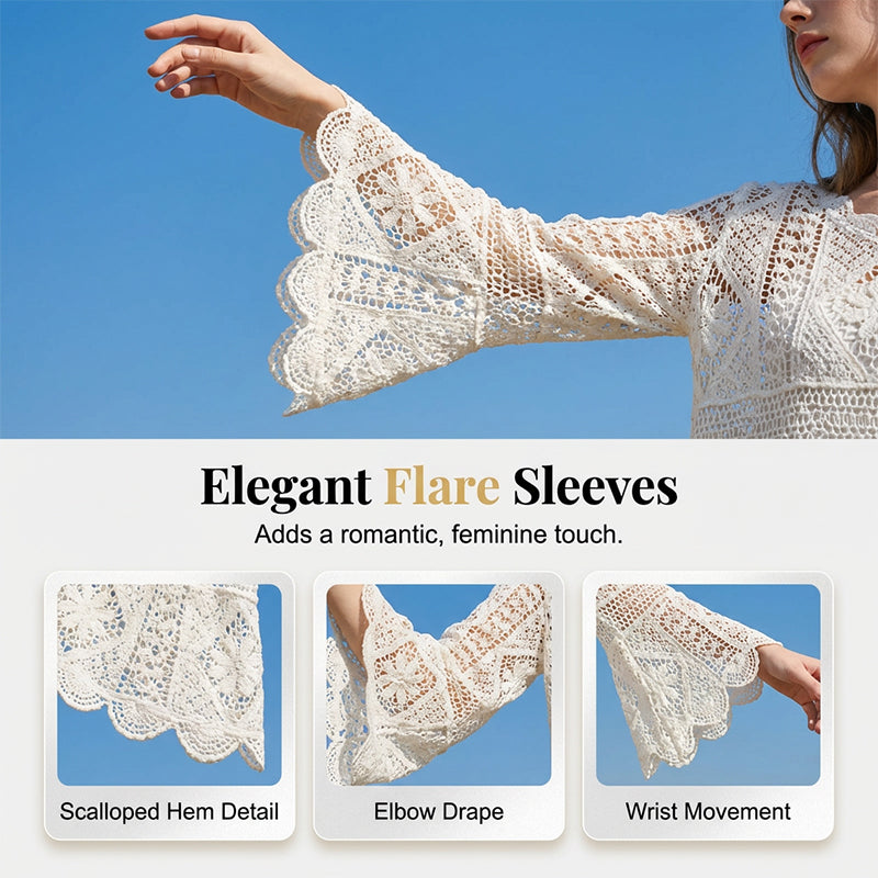 👒 LIMITED TIME 50% OFF! 🌊 Women's Vintage-Inspired Lace Cover-Up Blouse – Flare Sleeves, Bohemian Beachwear 🌸