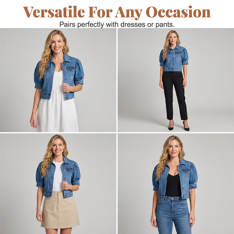 💃👖2026 New Style Arrival🔥 Women's Puff Short Sleeve Cropped Denim Jacket ✨