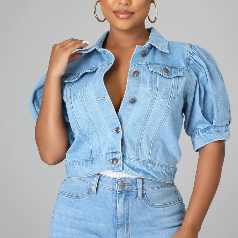 💃👖2026 New Style Arrival🔥 Women's Puff Short Sleeve Cropped Denim Jacket ✨