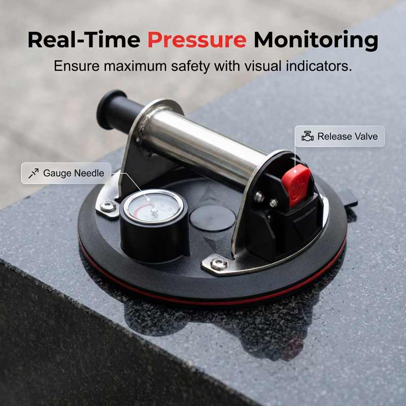 8-Inch Glass Vacuum Suction Cup with Pressure Gauge
