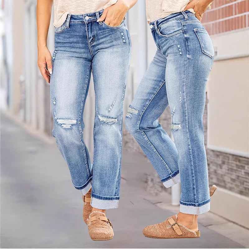 👖 LIMITED-TIME 50% OFF! ✨ Women's Ripped Straight-Leg Jeans – High-Waist, Distressed, Stretchy 🆒