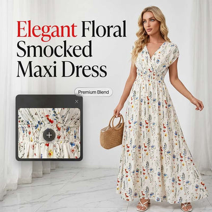 👗 LIMITED-TIME 50% OFF! ✨ Floral V-Neck Maxi Dress – Elegant Smocked Waist, Premium Fabric 🌸