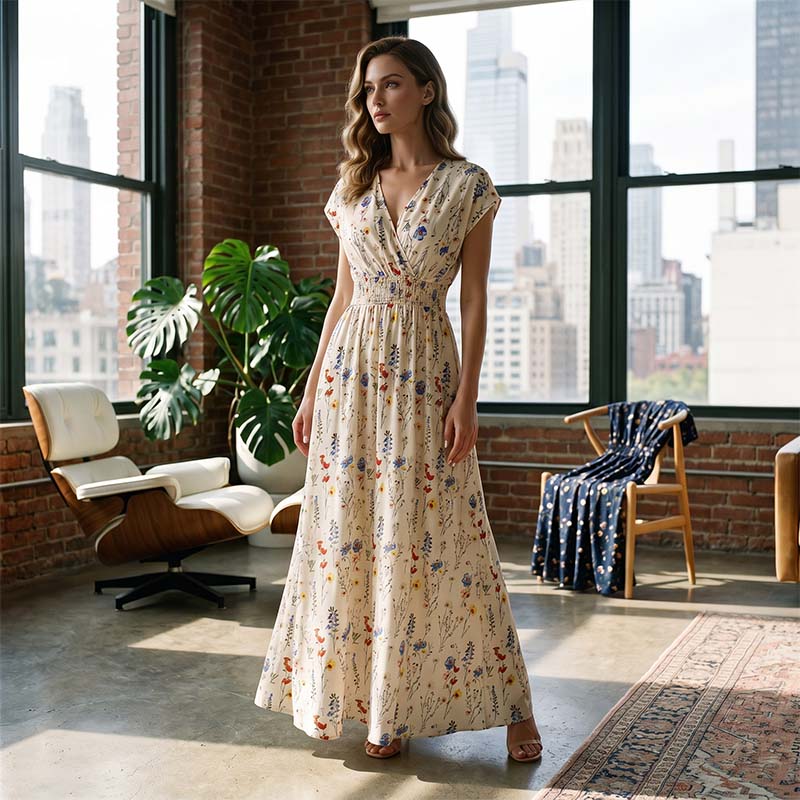 👗 LIMITED-TIME 50% OFF! ✨ Floral V-Neck Maxi Dress – Elegant Smocked Waist, Premium Fabric 🌸