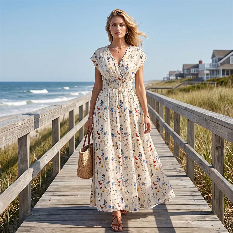 👗 LIMITED-TIME 50% OFF! ✨ Floral V-Neck Maxi Dress – Elegant Smocked Waist, Premium Fabric 🌸