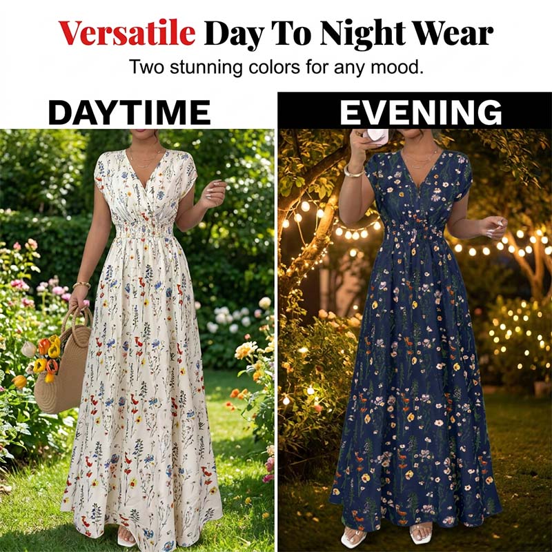 👗 LIMITED-TIME 50% OFF! ✨ Floral V-Neck Maxi Dress – Elegant Smocked Waist, Premium Fabric 🌸