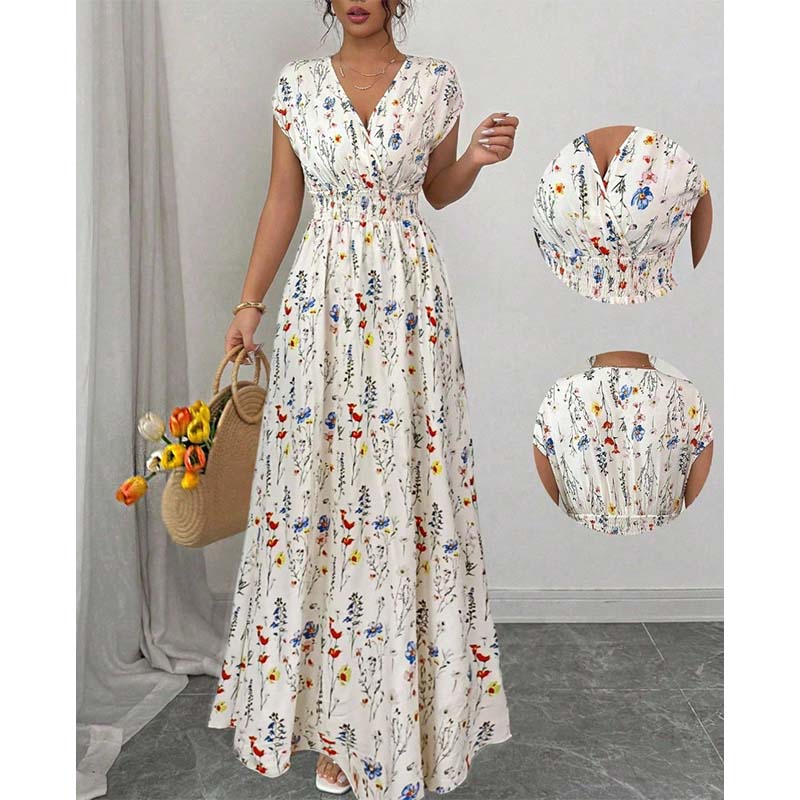 👗 LIMITED-TIME 50% OFF! ✨ Floral V-Neck Maxi Dress – Elegant Smocked Waist, Premium Fabric 🌸