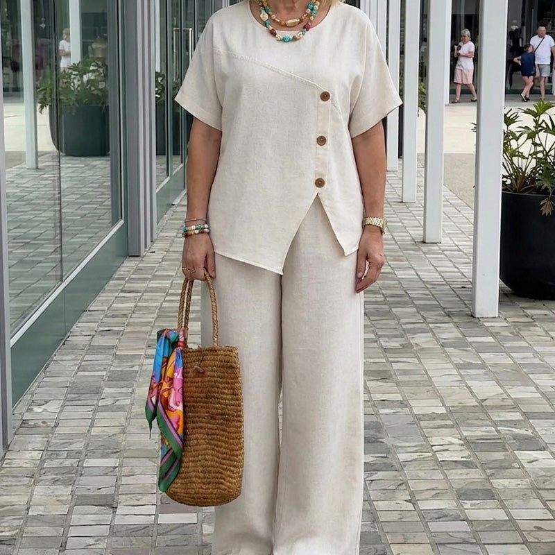Chic Button Detail Top & Wide-Leg Pants Set
