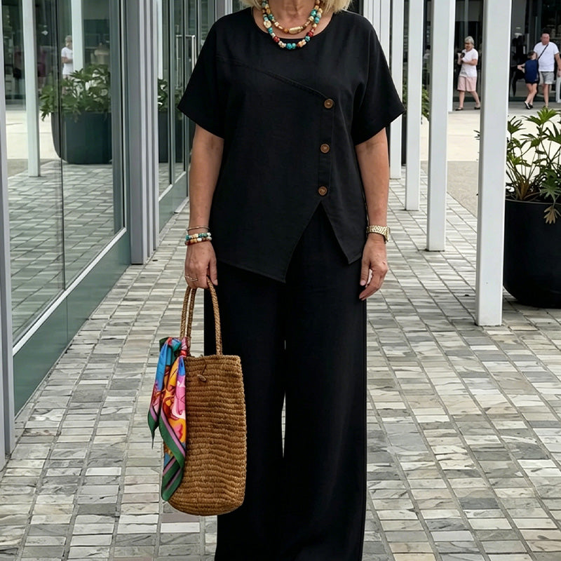 Chic Button Detail Top & Wide-Leg Pants Set