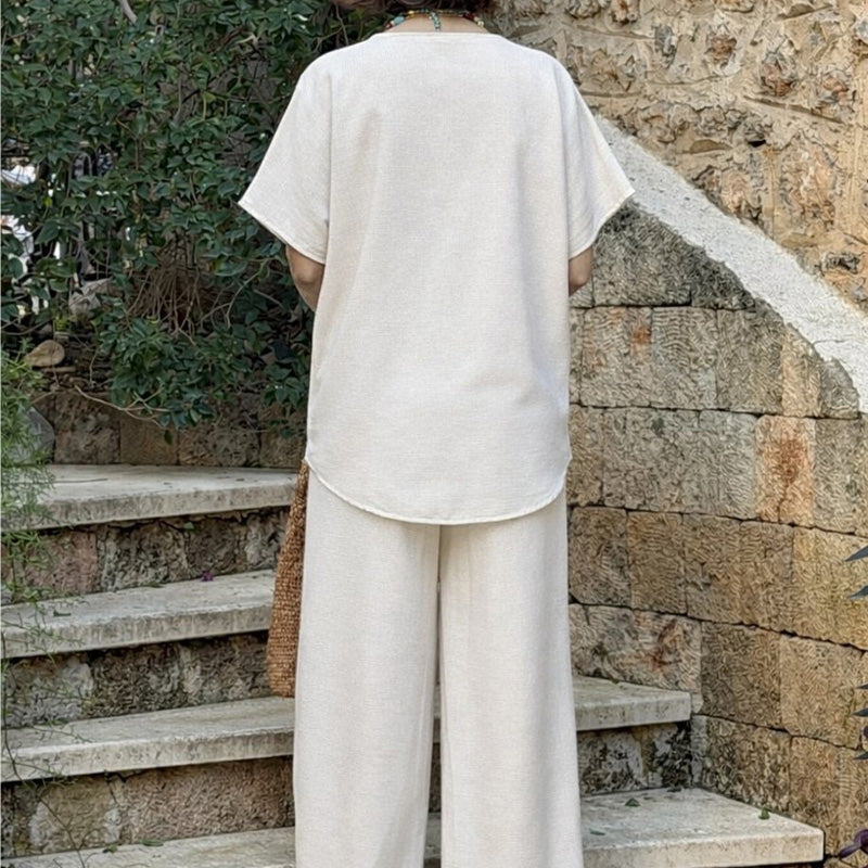 Chic Button Detail Top & Wide-Leg Pants Set
