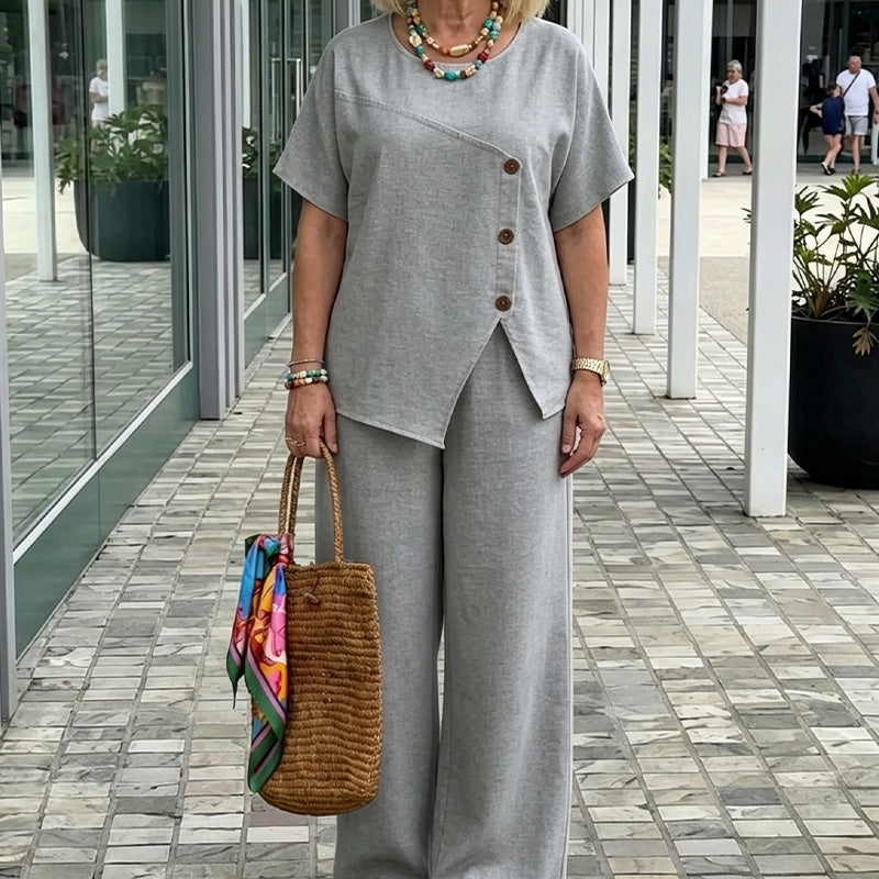 Chic Button Detail Top & Wide-Leg Pants Set