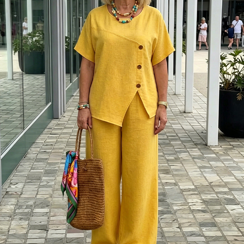 Chic Button Detail Top & Wide-Leg Pants Set