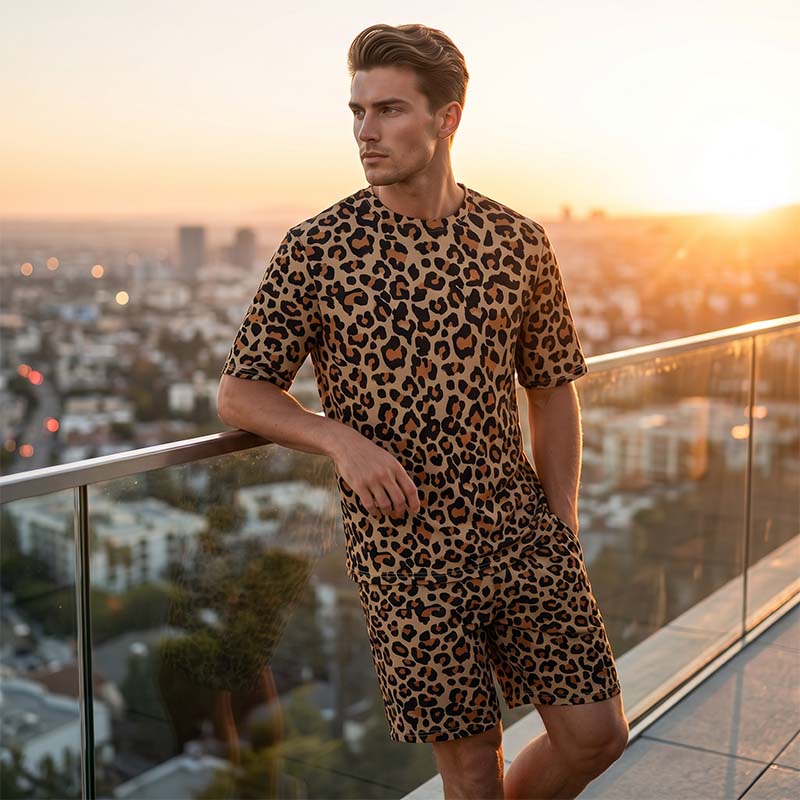 Men's Stylish Leopard Print Short-Sleeve Top & Shorts Set