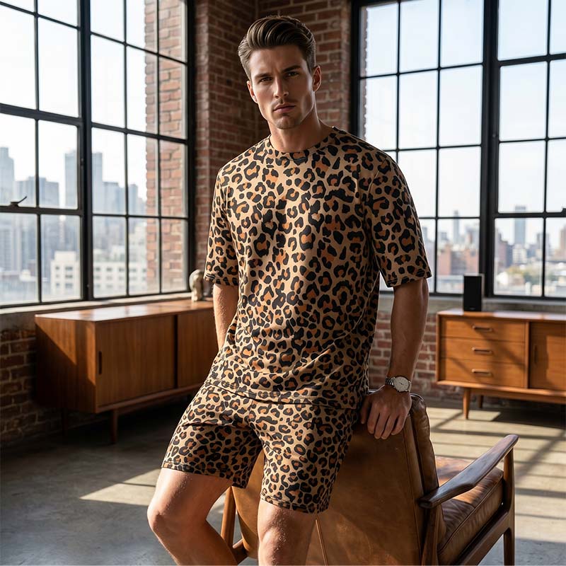 Men's Stylish Leopard Print Short-Sleeve Top & Shorts Set