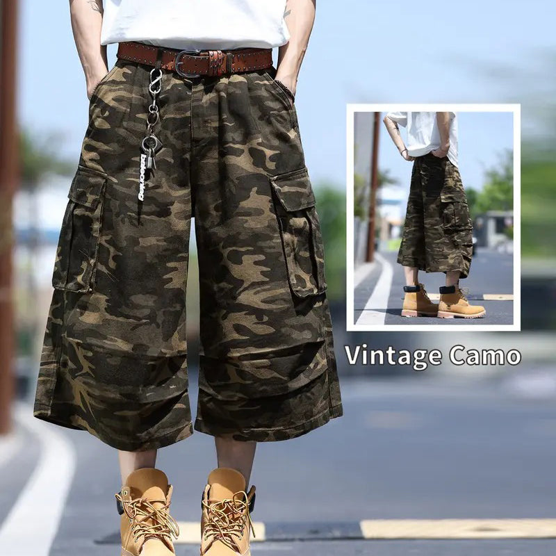Unisex Wide-Leg Camo Cargo Shorts