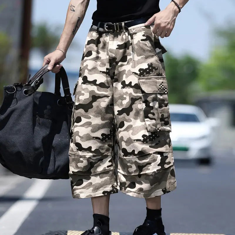 Unisex Wide-Leg Camo Cargo Shorts