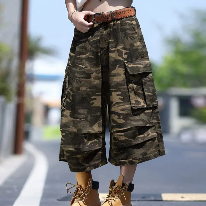 Unisex Wide-Leg Camo Cargo Shorts