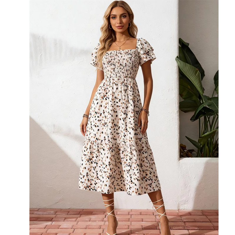 ⏰ 50% OFF ✨Women's Square Neck Smocked Floral Midi Dress