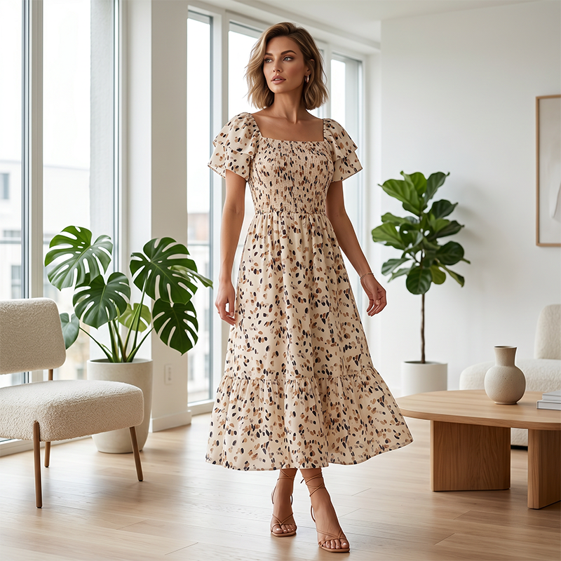 ⏰ 50% OFF ✨Women's Square Neck Smocked Floral Midi Dress