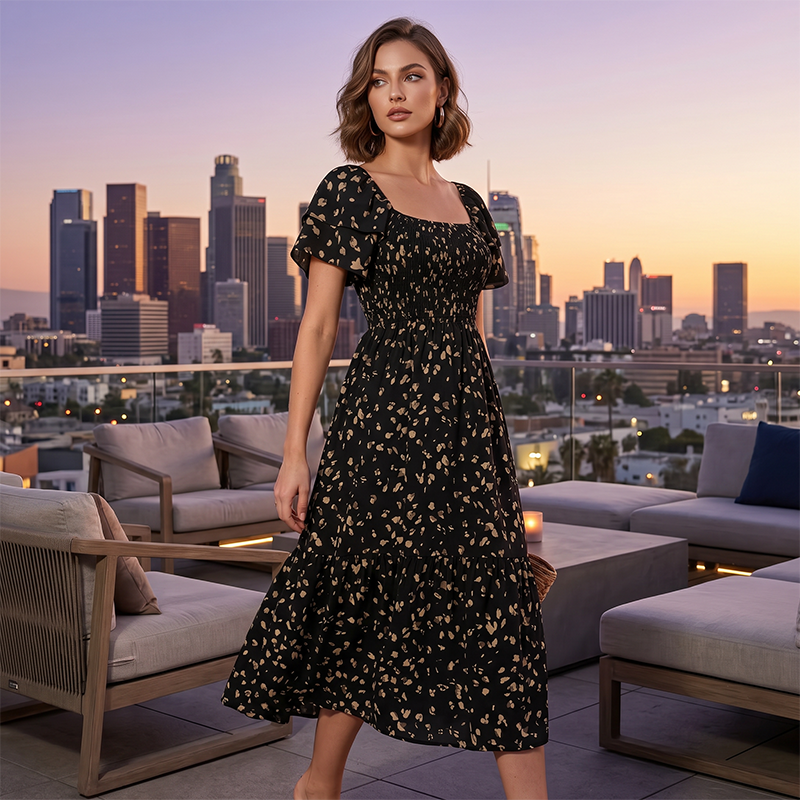 ⏰ 50% OFF ✨Women's Square Neck Smocked Floral Midi Dress