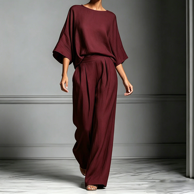 👕 LIMITED-TIME 50% OFF! ✨ Two-Piece Set – Dolman Sleeve Top, Wide-Leg Pants, Loose Fit 🌿