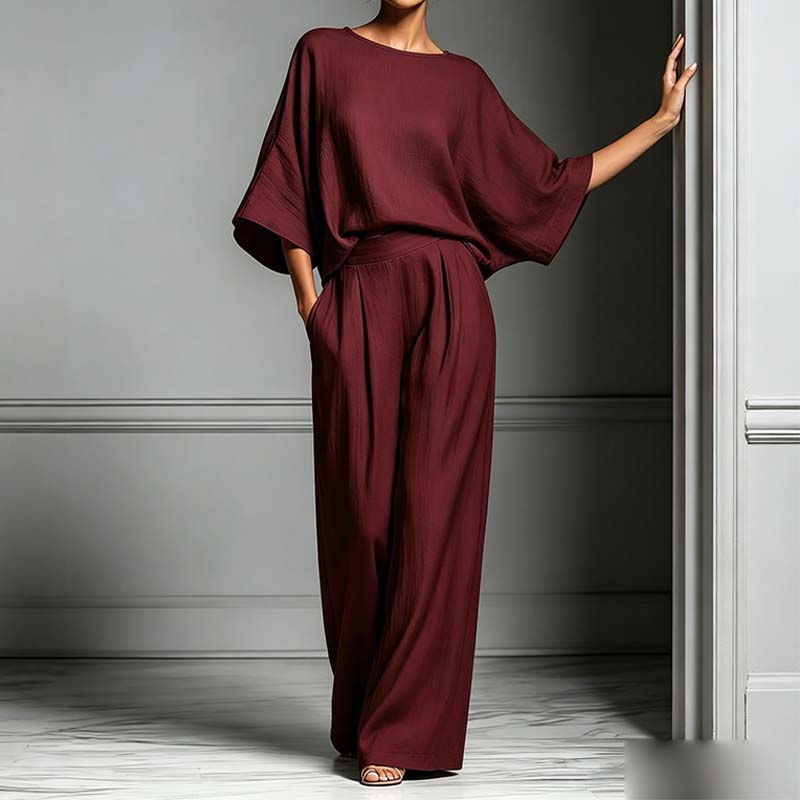 👕 LIMITED-TIME 50% OFF! ✨ Two-Piece Set – Dolman Sleeve Top, Wide-Leg Pants, Loose Fit 🌿