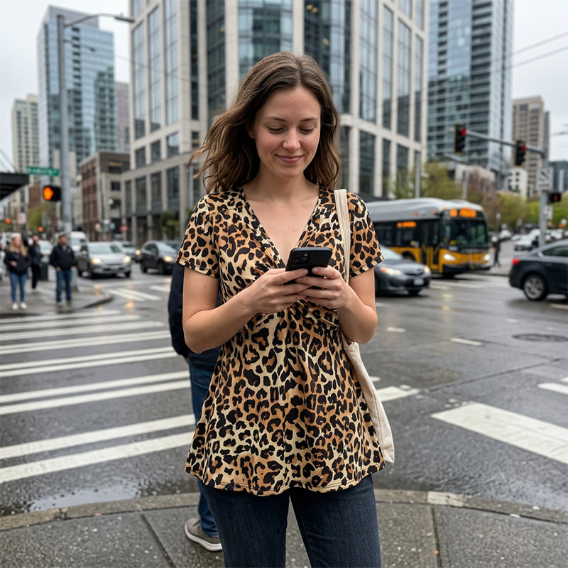 🐆 LIMITED-TIME 50% OFF! ✨ Women’s Leopard Twist-Front Top – V-Neck, Peplum Hem, Bold Print 💃