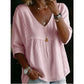 👚 LIMITED-TIME 50% OFF! ✨ Women’s Lace-Trim V-Neck Top – Bohemian Charm, Empire Waist, 3/4 Sleeves 🌼