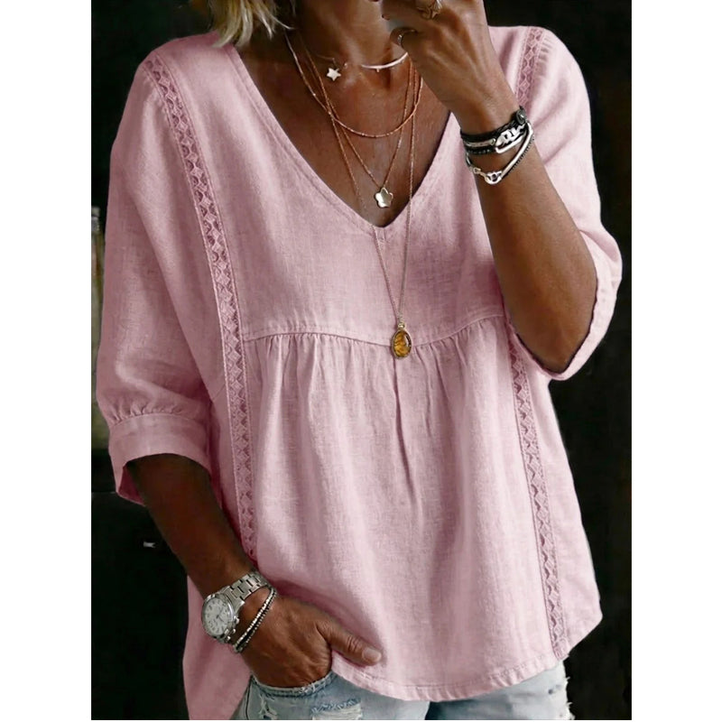 👚 LIMITED-TIME 50% OFF! ✨ Women’s Lace-Trim V-Neck Top – Bohemian Charm, Empire Waist, 3/4 Sleeves 🌼