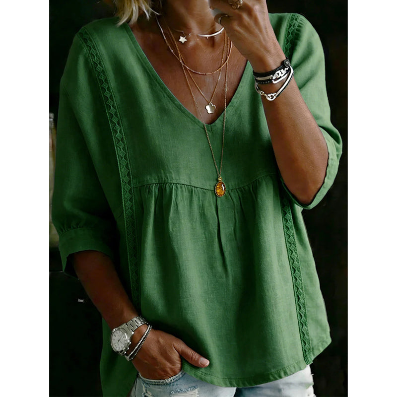 👚 LIMITED-TIME 50% OFF! ✨ Women’s Lace-Trim V-Neck Top – Bohemian Charm, Empire Waist, 3/4 Sleeves 🌼
