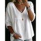 👚 LIMITED-TIME 50% OFF! ✨ Women’s Lace-Trim V-Neck Top – Bohemian Charm, Empire Waist, 3/4 Sleeves 🌼