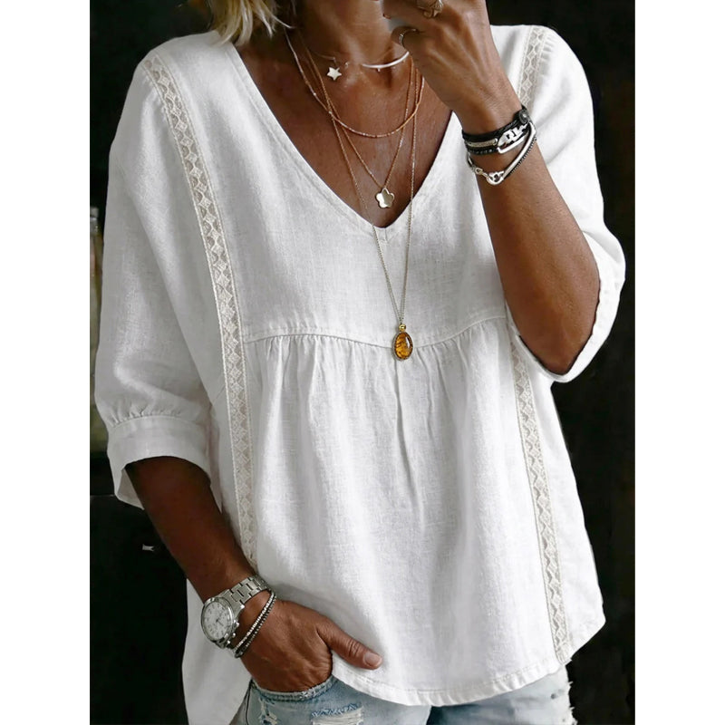 👚 LIMITED-TIME 50% OFF! ✨ Women’s Lace-Trim V-Neck Top – Bohemian Charm, Empire Waist, 3/4 Sleeves 🌼