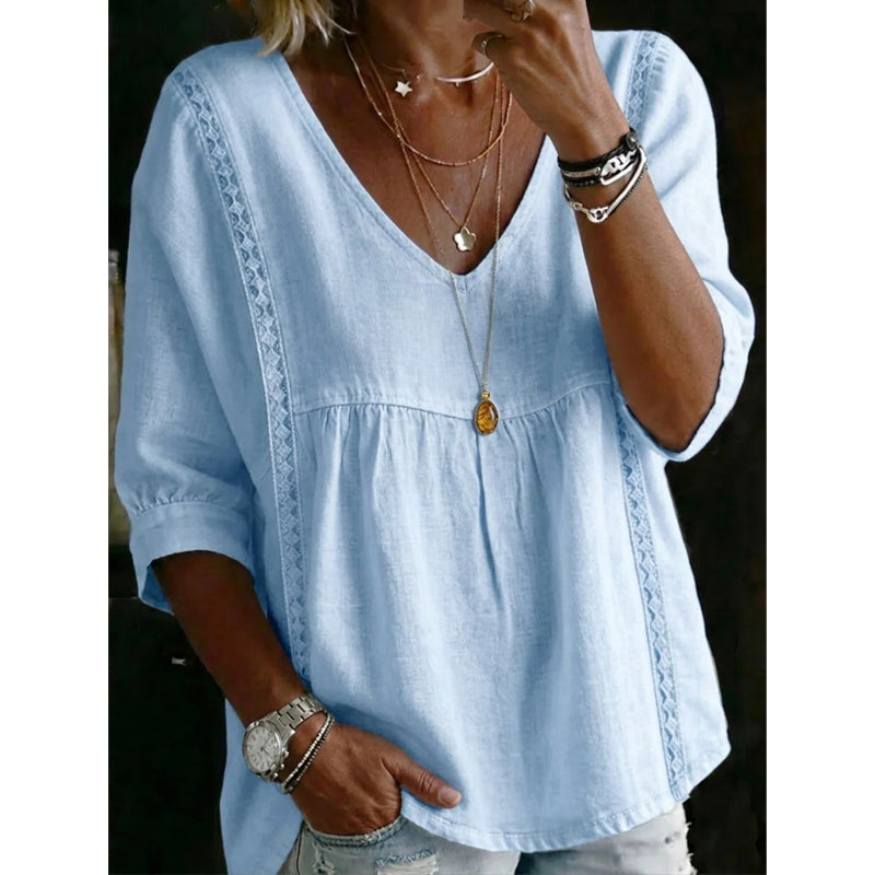 👚 LIMITED-TIME 50% OFF! ✨ Women’s Lace-Trim V-Neck Top – Bohemian Charm, Empire Waist, 3/4 Sleeves 🌼