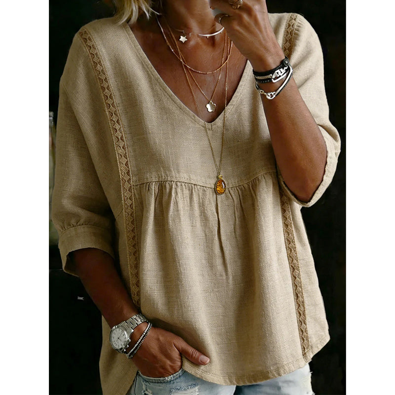 👚 LIMITED-TIME 50% OFF! ✨ Women’s Lace-Trim V-Neck Top – Bohemian Charm, Empire Waist, 3/4 Sleeves 🌼