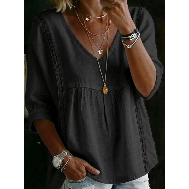 👚 LIMITED-TIME 50% OFF! ✨ Women’s Lace-Trim V-Neck Top – Bohemian Charm, Empire Waist, 3/4 Sleeves 🌼