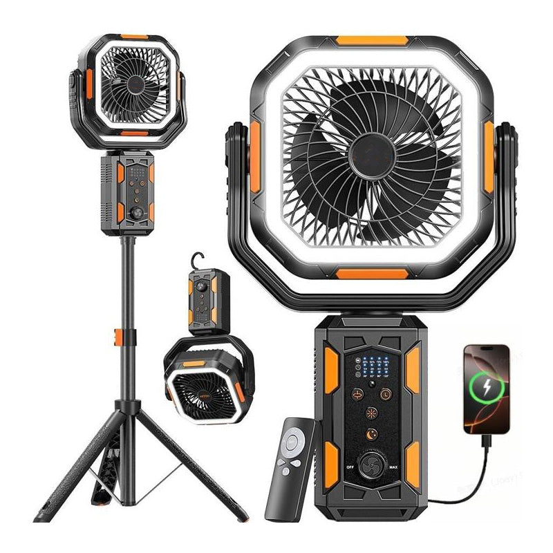 Camping Fan with Detachable Tripod, 30000mAh Rechargeable Fan with LED Lights & 270° Pivot,4 in 1 Cordless Camping Fan, Remote Control Shaking Head Desk Fan for Camping Tent Travel Bedroom Portable Motor summerwins