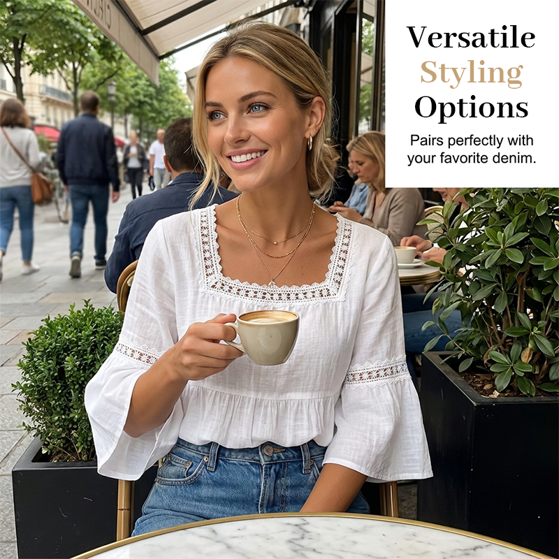 🌸 LIMITED-TIME 50% OFF! 💥 Elegant Square Neck Summer Blouse – Boho Lace, Bell Sleeves, Tiered Flow ✨